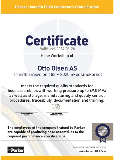 Certificate Hose workshop Otto Olsen